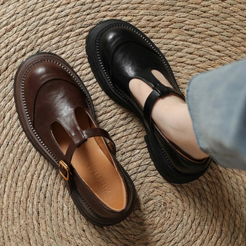 Women’s T-Bar Mary Jane Shoes with Brogue Detailing and Round Toe