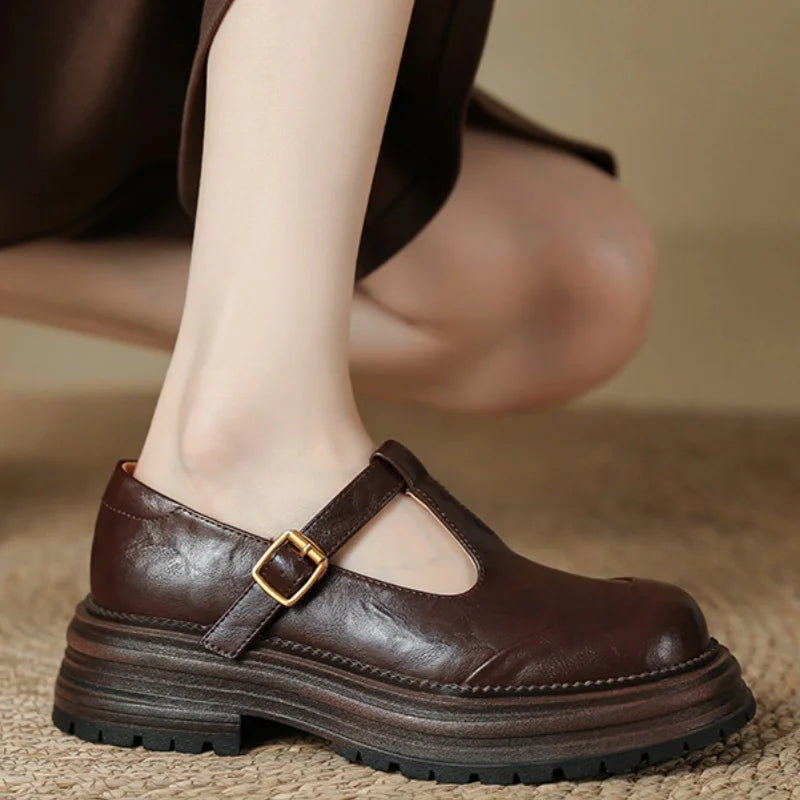 Women’s T-Bar Mary Jane Shoes with Brogue Detailing and Round Toe