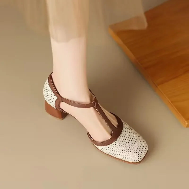 Women’s T-Strap Block Heel Shoes with Perforated Upper and Square Toe