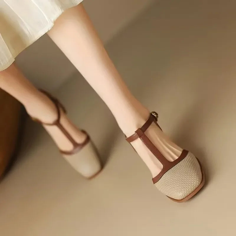 Women’s T-Strap Block Heel Shoes with Perforated Upper and Square Toe