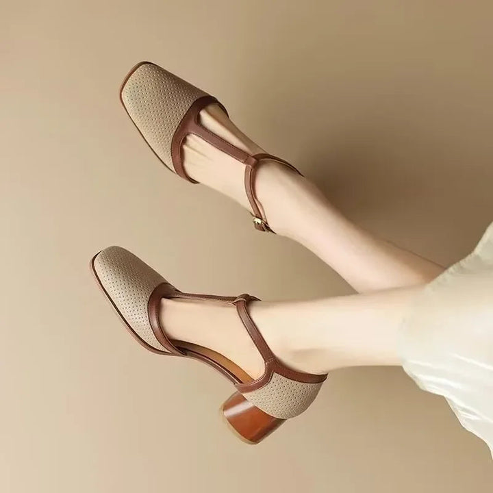 Women’s T-Strap Block Heel Shoes with Perforated Upper and Square Toe
