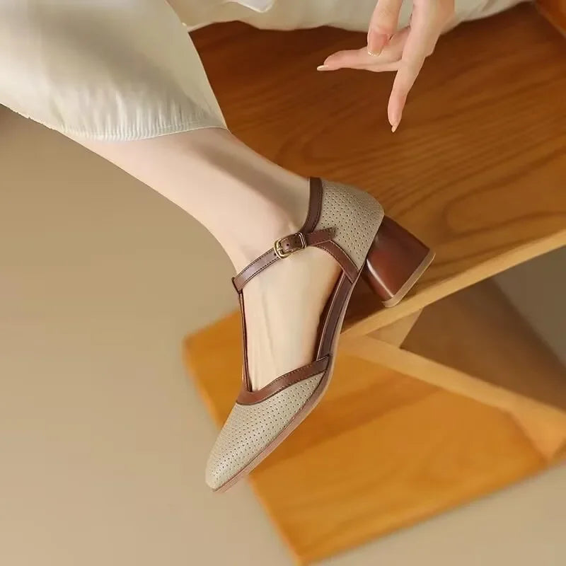 Women’s T-Strap Block Heel Shoes with Perforated Upper and Square Toe