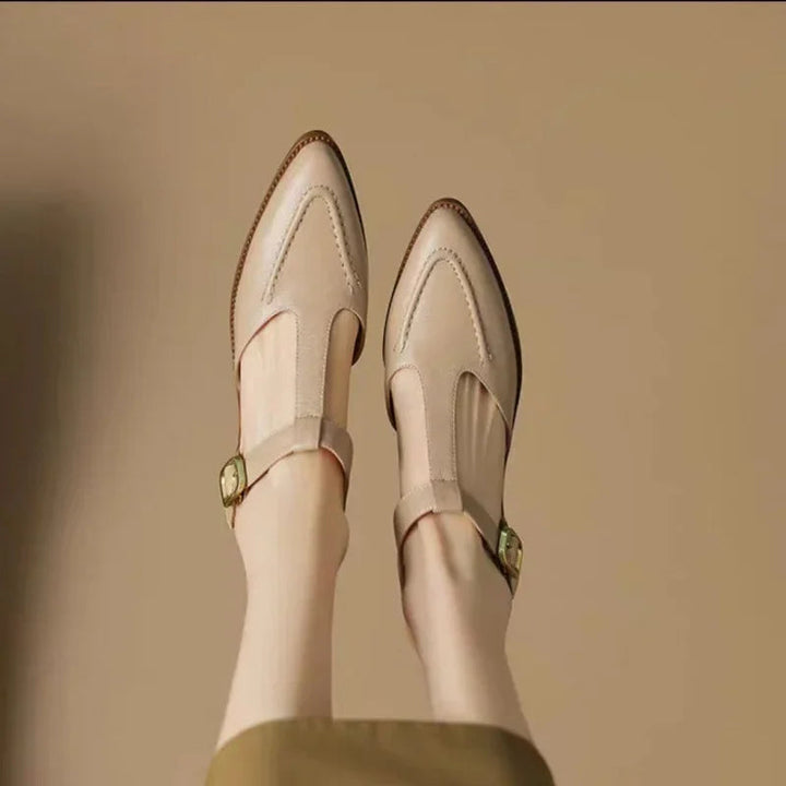 Women’s T-Strap Buckle Shoes with Pointed Toe and Low Heel