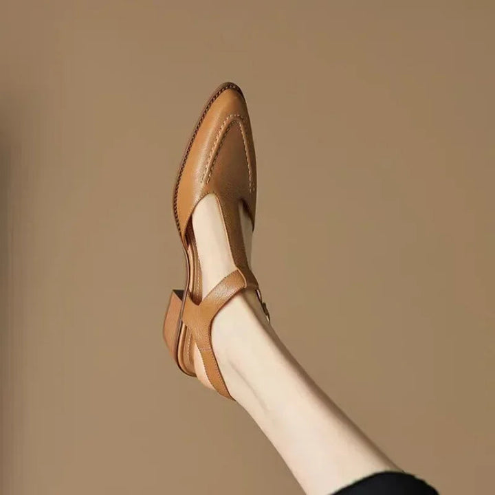 Women’s T-Strap Buckle Shoes with Pointed Toe and Low Heel