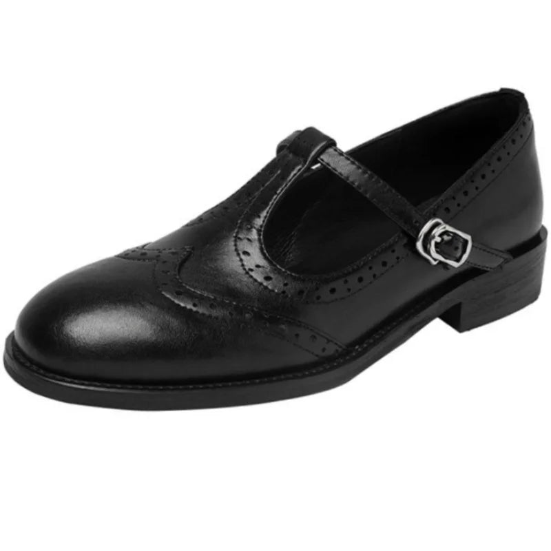 Women’s T-Strap Mary Jane Shoes with Low Block Heel and Buckle Closure
