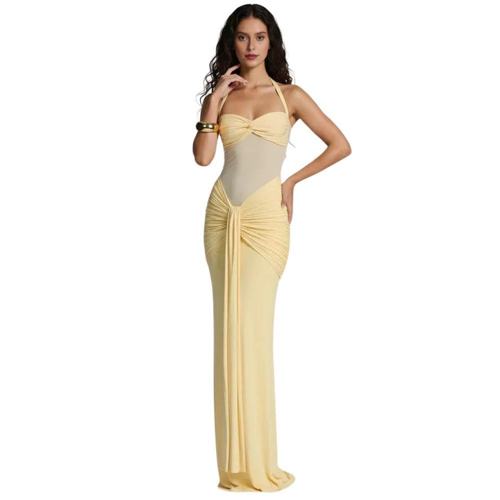 Women’s Halter Maxi Dress with Mesh Panel and Ruching