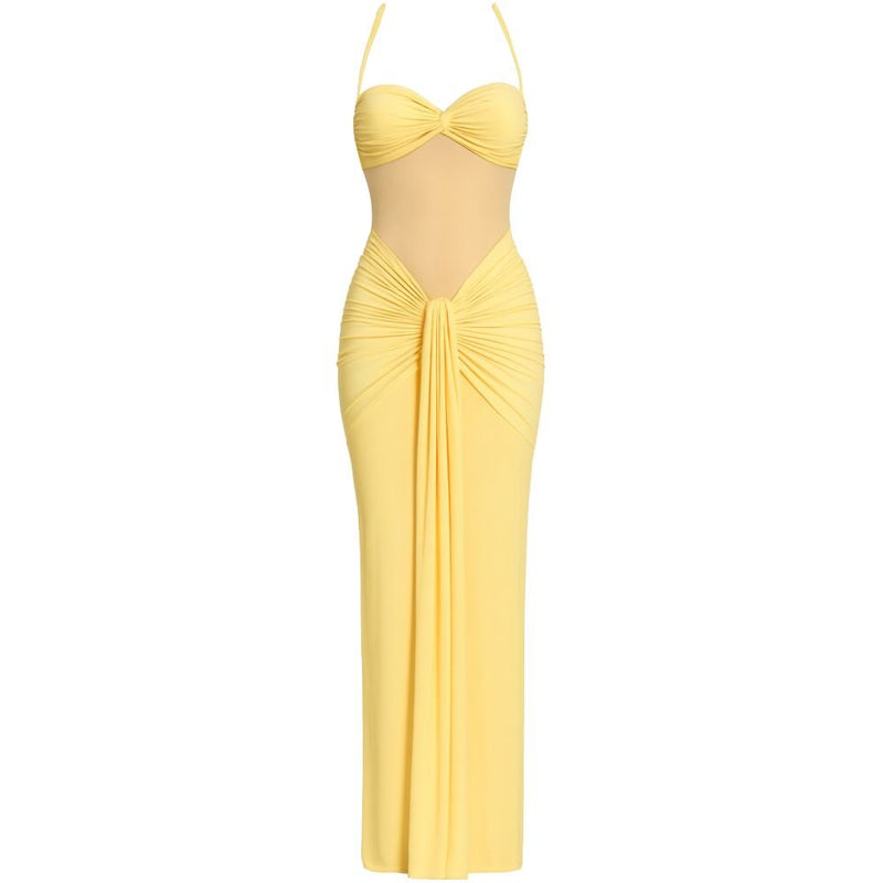 Women’s Halter Maxi Dress with Mesh Panel and Ruching