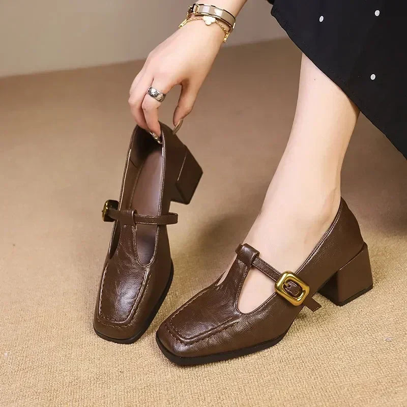 Women’s Mary Janes with Square Toe and Gold-Detail Buckle Strap