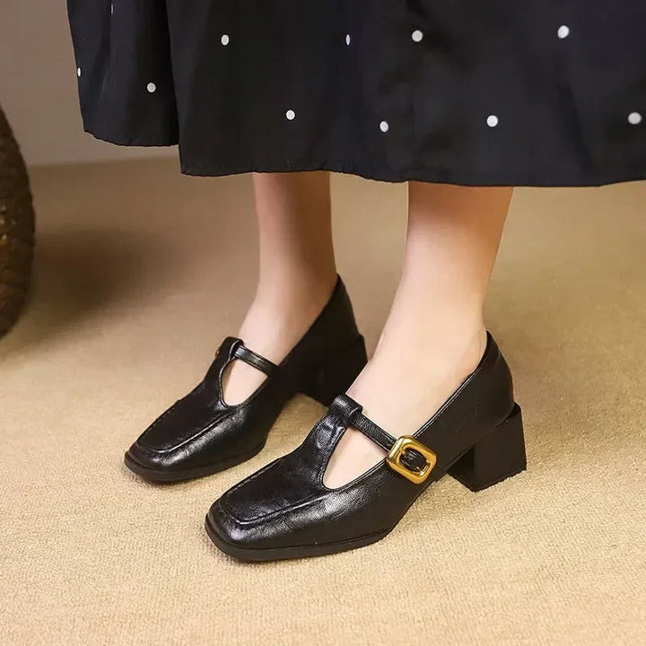 Women’s Mary Janes with Square Toe and Gold-Detail Buckle Strap