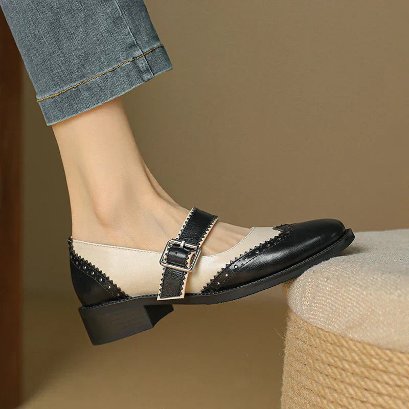 Women’s Two-Tone Mary Jane Shoes with Brogue Edging and T-Strap Buckle