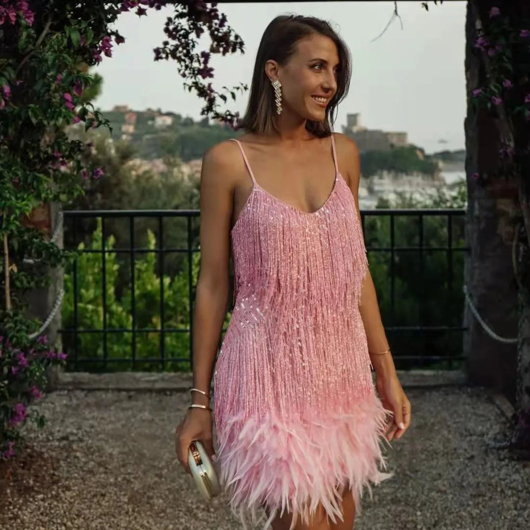 Women’s Cocktail Dress with Fringe Feathers and Sequin Detailing