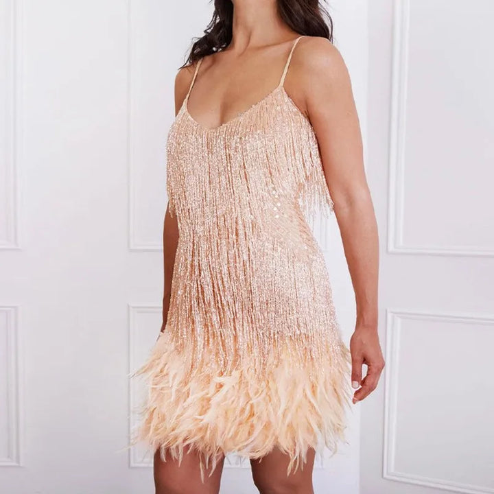 Women’s Cocktail Dress with Fringe Feathers and Sequin Detailing