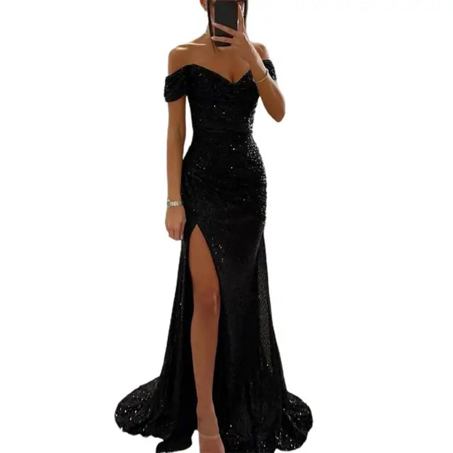 Women’s Dress with Off‑Shoulder V‑Neckline and Floor‑Length Hem