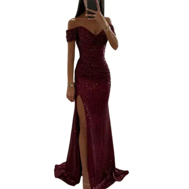 Women’s Dress with Off‑Shoulder V‑Neckline and Floor‑Length Hem