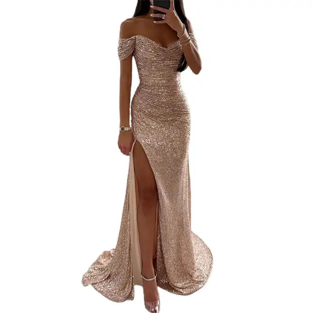 Women’s Dress with Off‑Shoulder V‑Neckline and Floor‑Length Hem