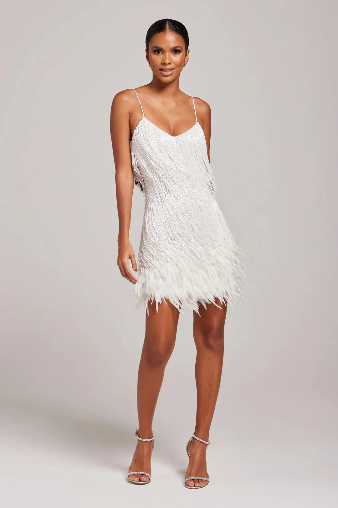 Women’s Feather Mini Dress with Fringe Detail and Sleek Fit