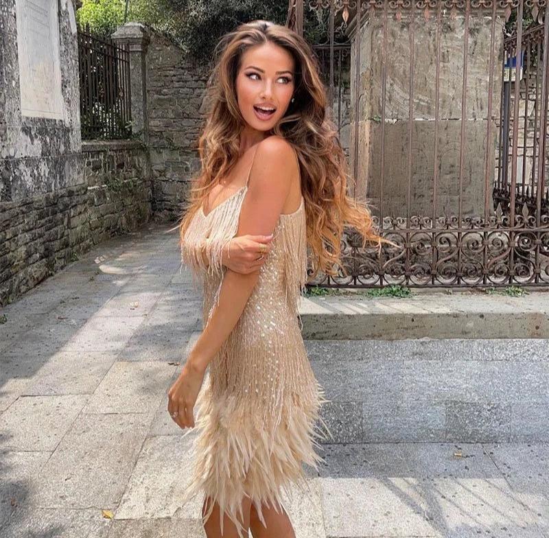 Women’s Feather Mini Dress with Fringe Detail and Sleek Fit
