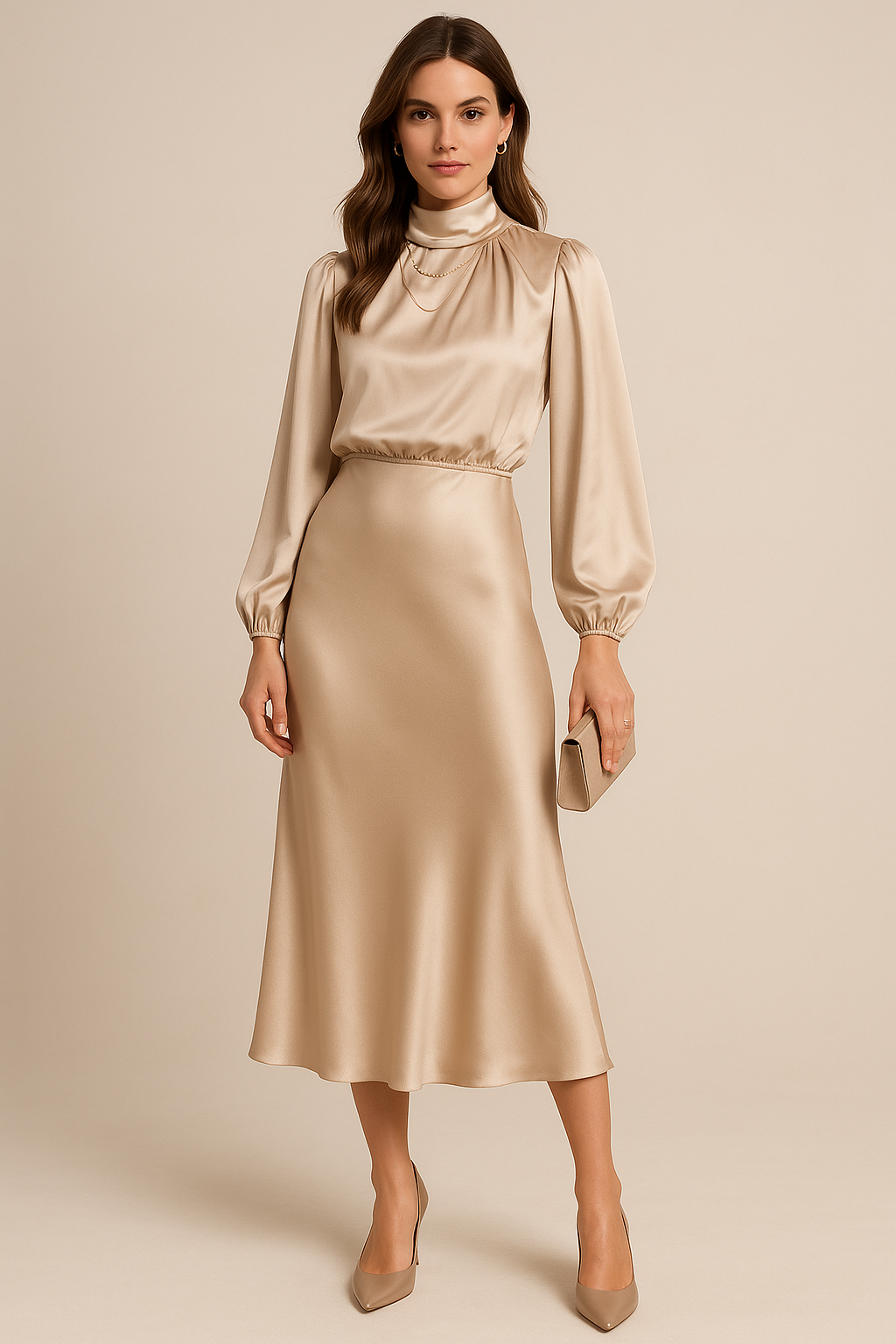 Women’s High Waist Midi Dress with High Neck and Midi Length