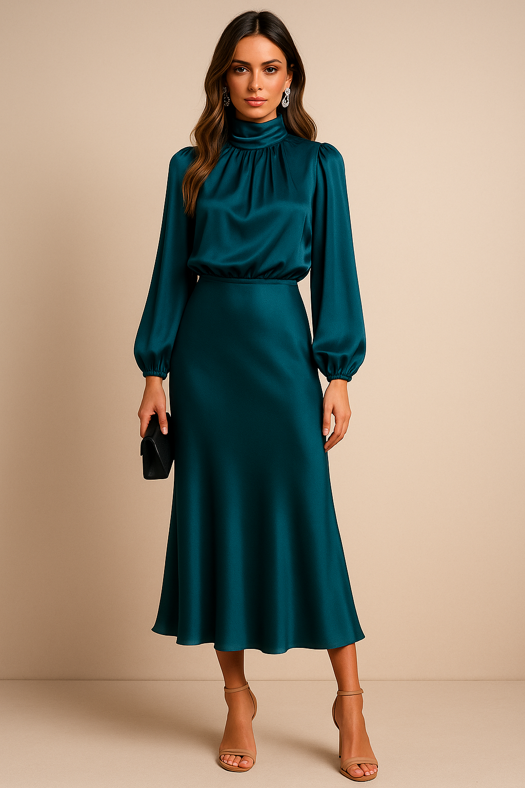 Women’s High Waist Midi Dress with High Neck and Midi Length