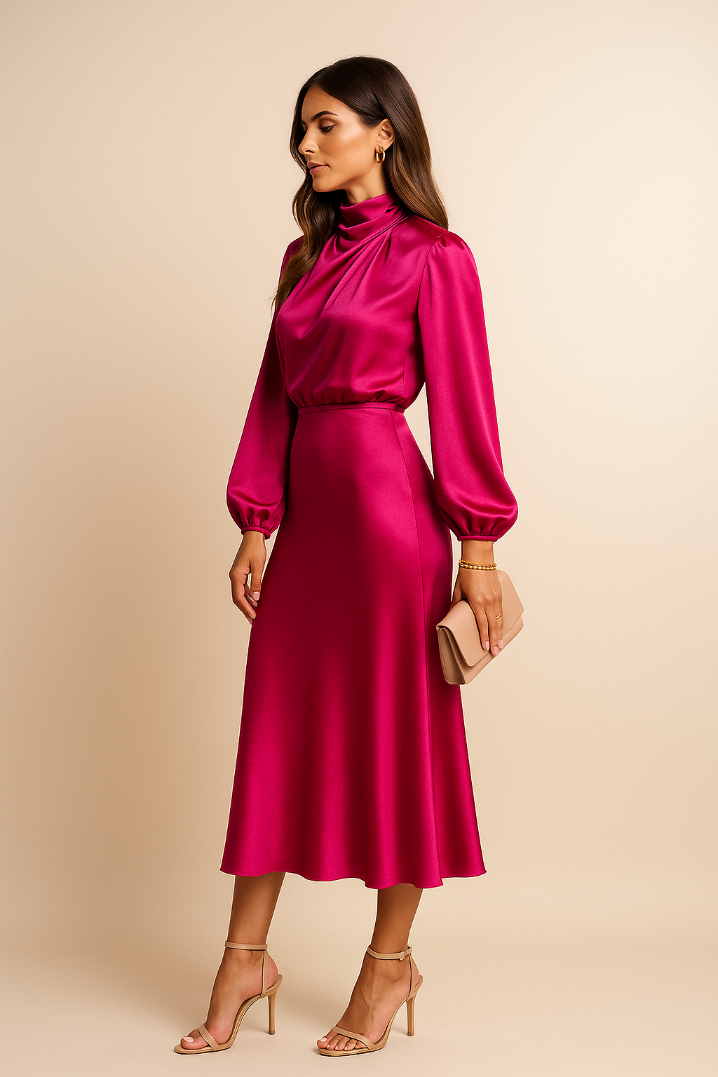 Women’s High Waist Midi Dress with High Neck and Midi Length