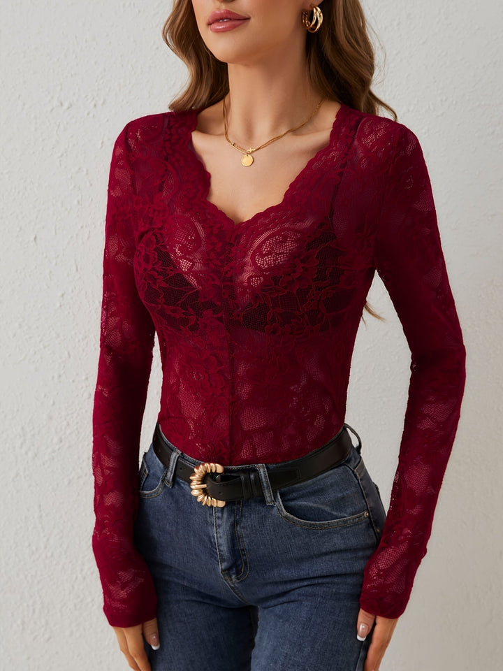 Women’s Lace Top with V-Neck and Long Sleeves