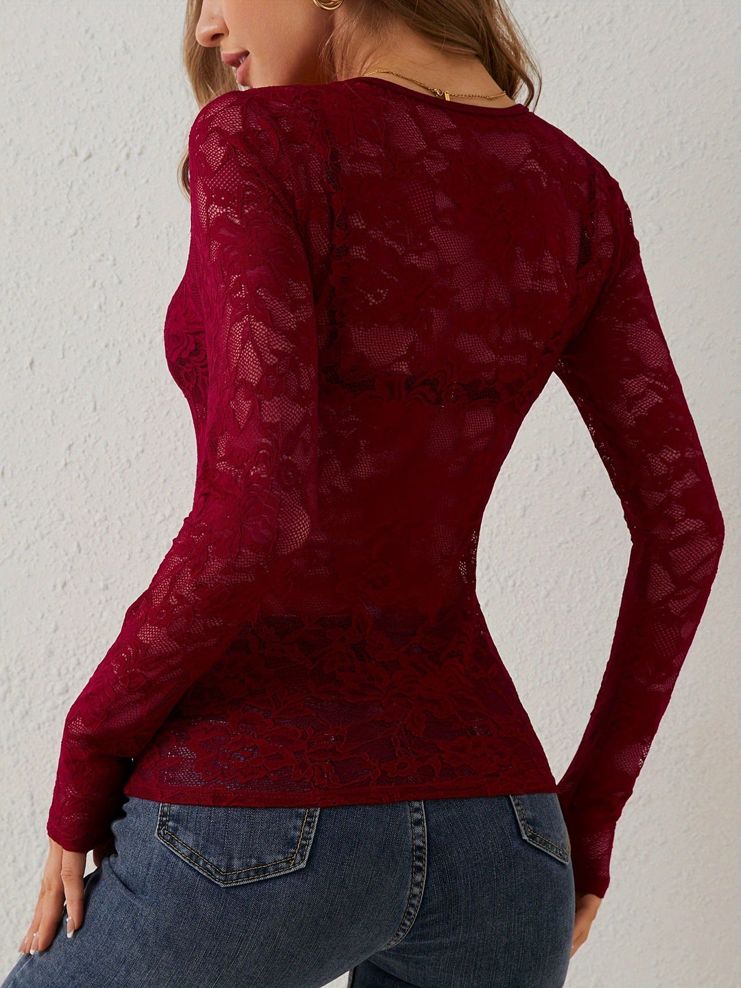Women’s Lace Top with V-Neck and Long Sleeves