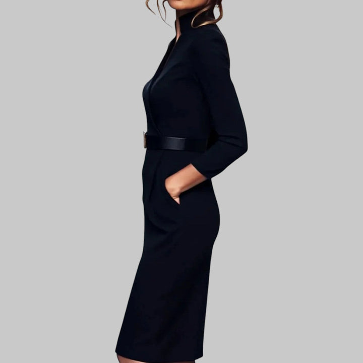 Women’s Midi Dress with Collar and Cinched Belt