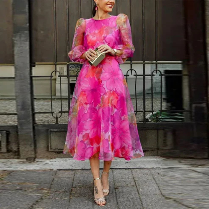 Women’s Midi Dress with Floral Print and Long Sleeves