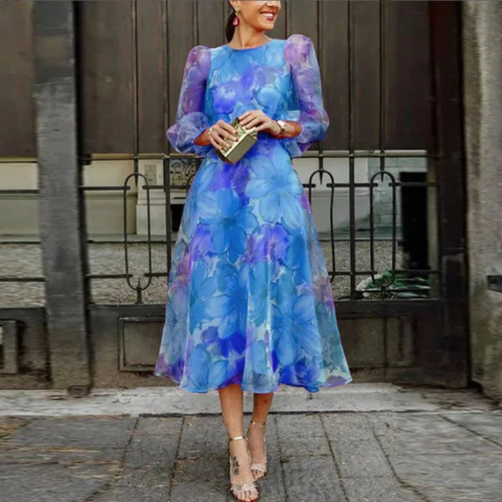 Women’s Midi Dress with Floral Print and Long Sleeves