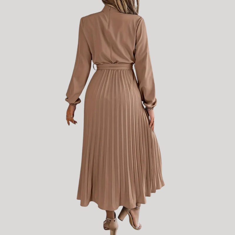 Women’s Pleated Midi Dress with Long Sleeves and Waist Belt