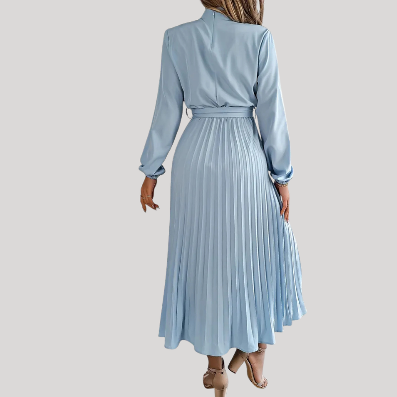 Women’s Pleated Midi Dress with Long Sleeves and Waist Belt
