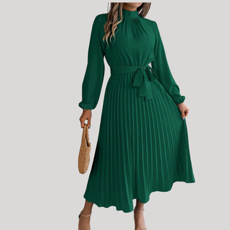 Women’s Pleated Midi Dress with Long Sleeves and Waist Belt
