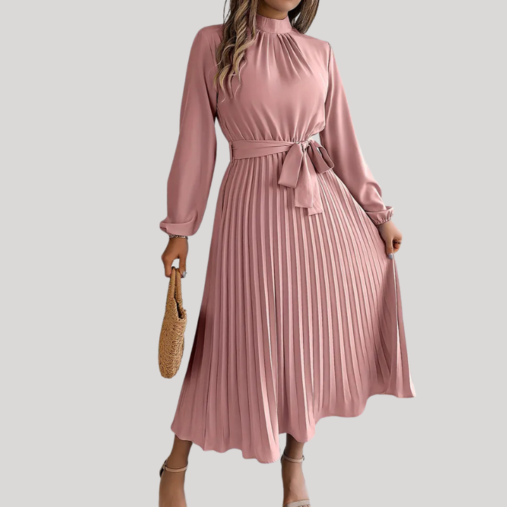 Women’s Pleated Midi Dress with Long Sleeves and Waist Belt