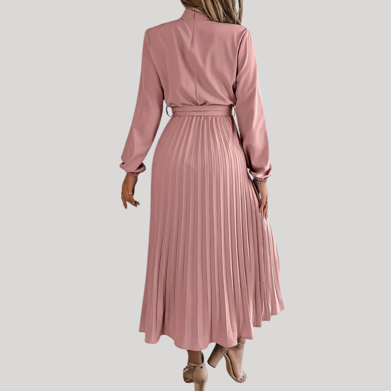 Women’s Pleated Midi Dress with Long Sleeves and Waist Belt