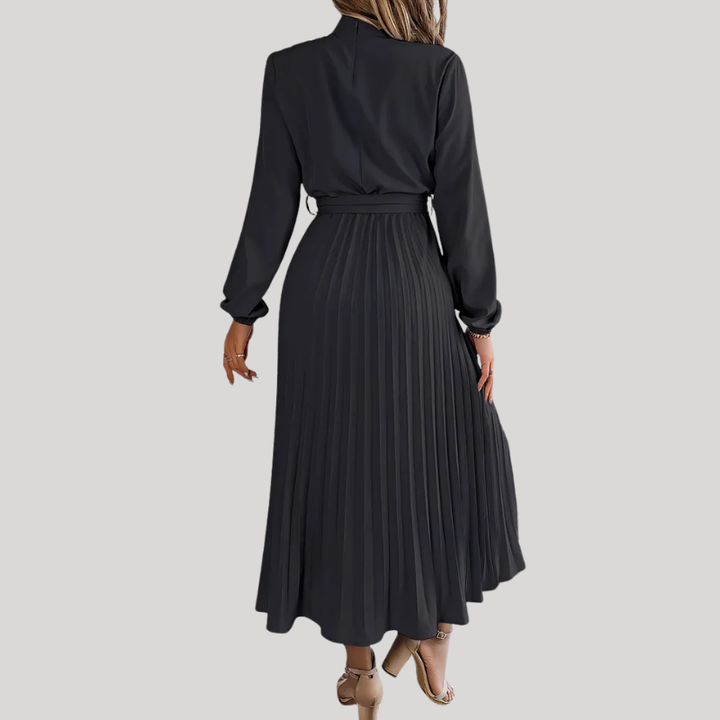 Women’s Pleated Midi Dress with Long Sleeves and Waist Belt