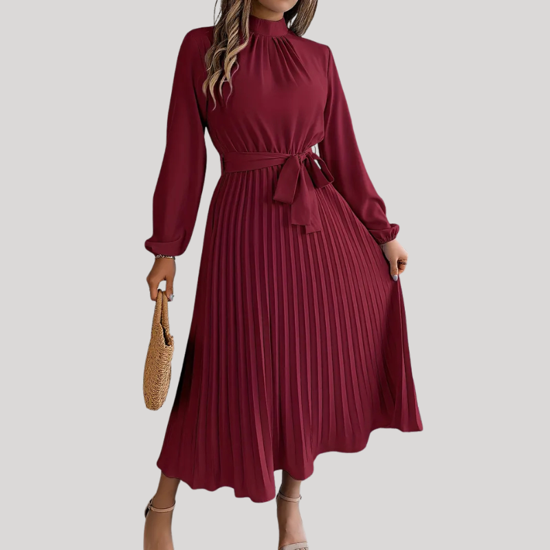 Women’s Pleated Midi Dress with Long Sleeves and Waist Belt