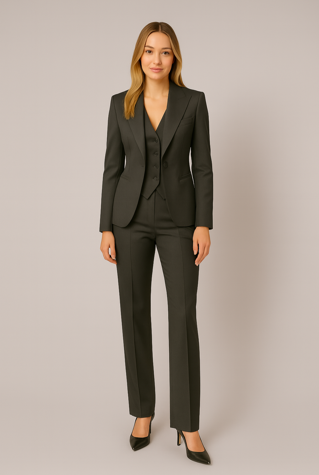 Women’s Three-Piece Suit with Tailored Blazer and Slim Fit Trousers