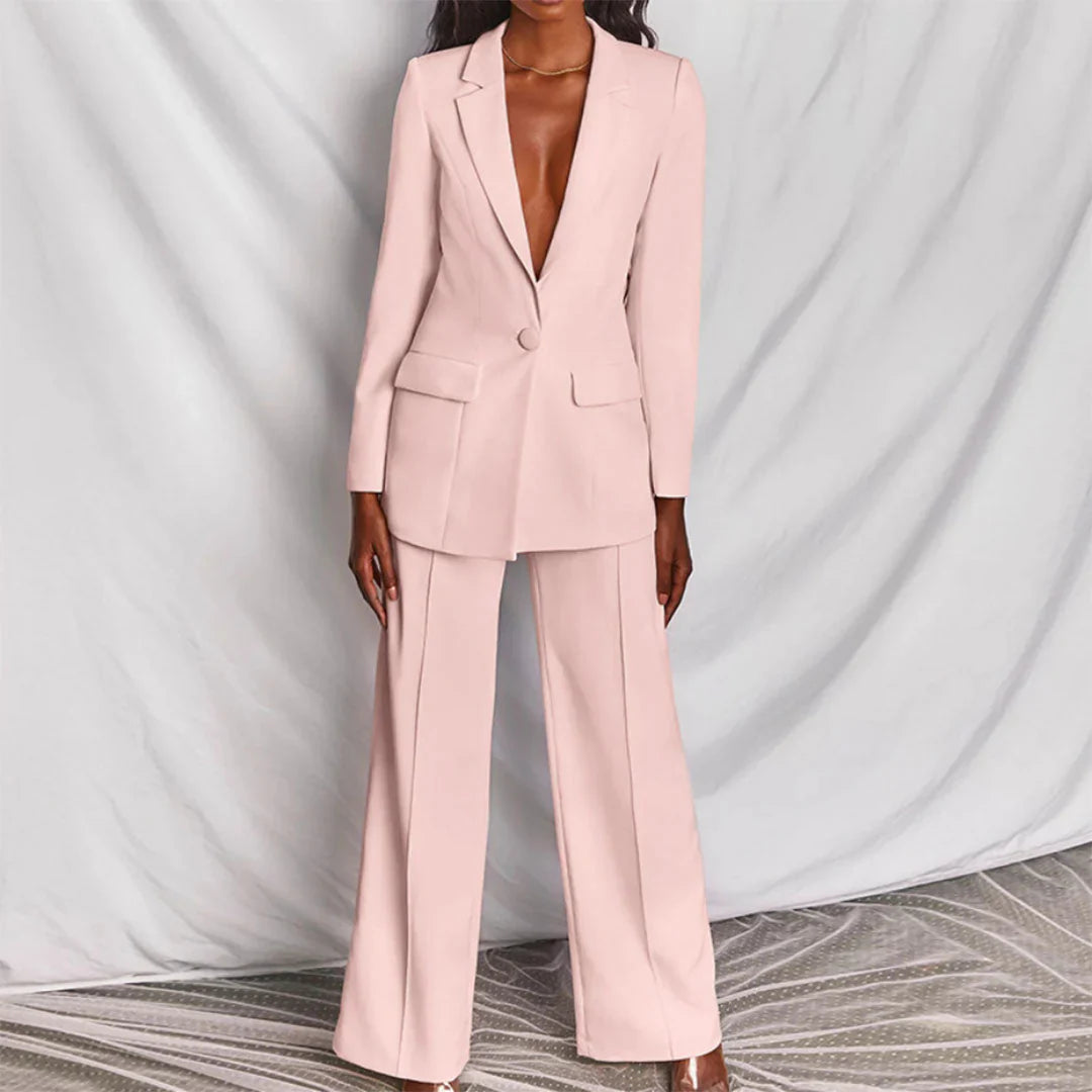Women’s Trouser Suit with Longline Blazer and Tailored Wide-Leg Trousers