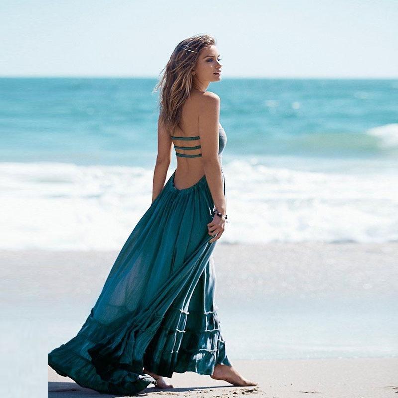 Women’s Backless Halter Maxi Dress with Ruffle Hem and Strap Detailing