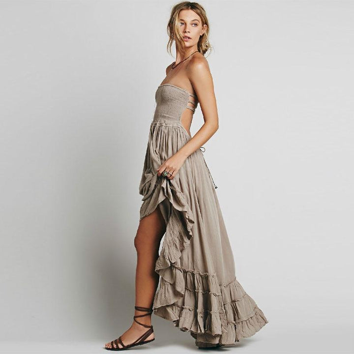 Women’s Backless Halter Maxi Dress with Ruffle Hem and Strap Detailing