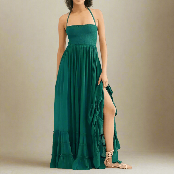 Women’s Backless Halter Maxi Dress with Ruffle Hem and Strap Detailing