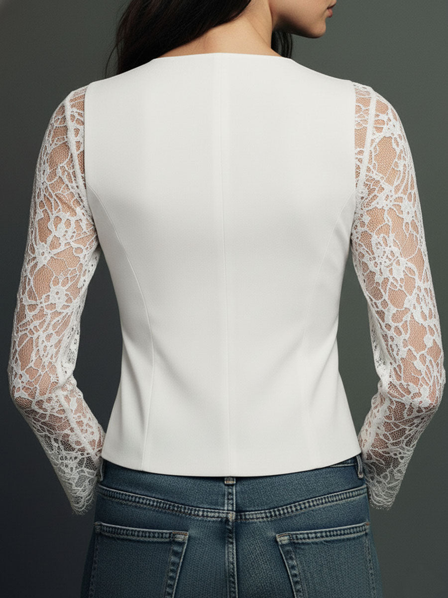 Women’s Blazer Top with Lace Panel Sleeves and Button Closure