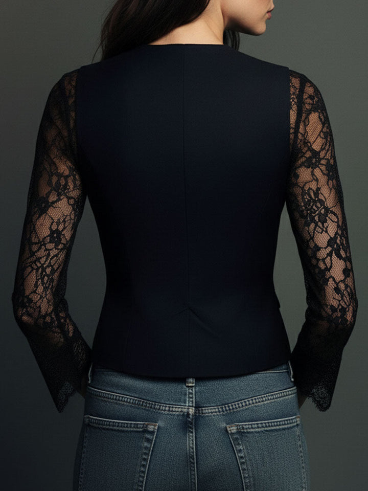 Women’s Blazer Top with Lace Panel Sleeves and Button Closure