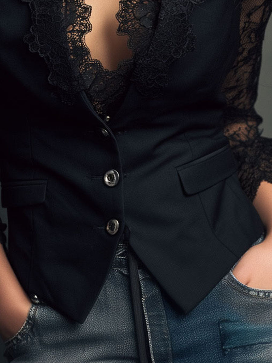 Women’s Blazer Top with Lace Panel Sleeves and Button Closure