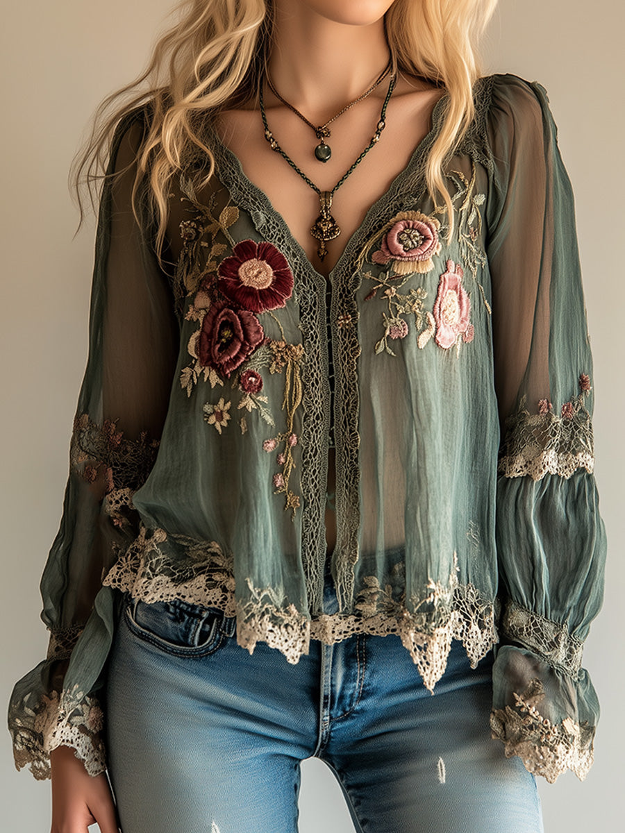 Women’s Blouse with Floral Embroidery and V-Neck