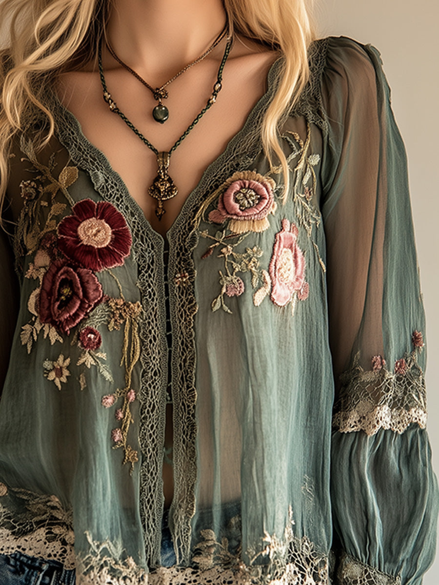 Women’s Blouse with Floral Embroidery and V-Neck