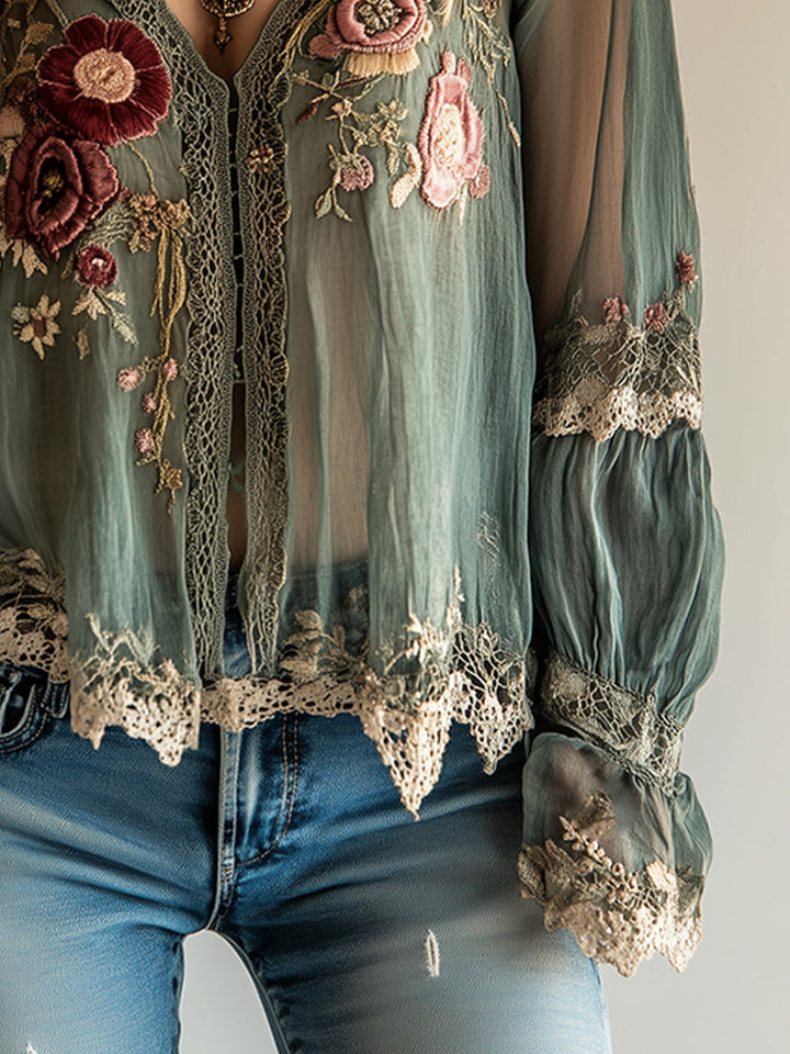Women’s Blouse with Floral Embroidery and V-Neck