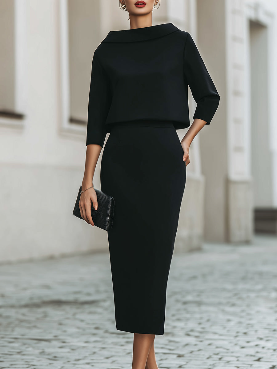 Women’s Boat Neck Top and Midi Skirt Set with Three-Quarter Sleeves