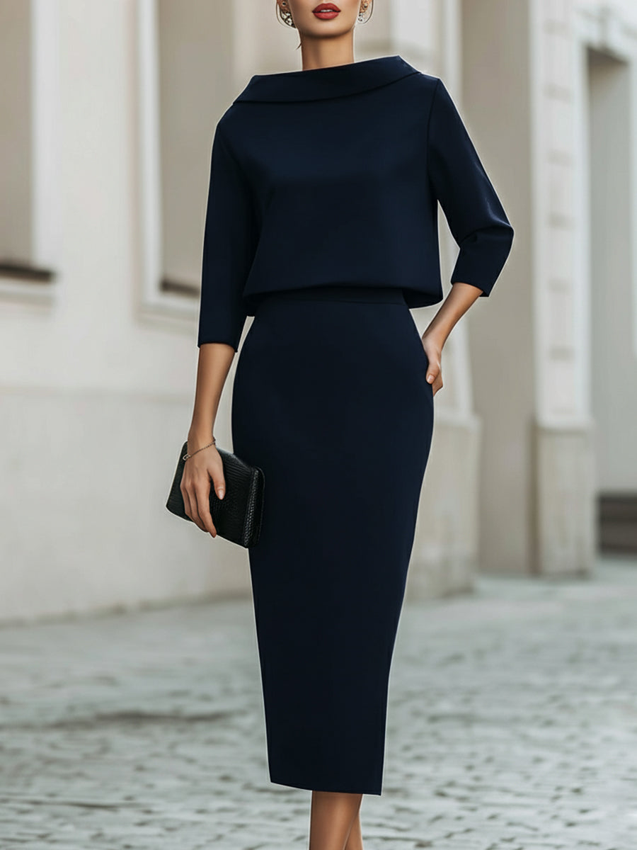Women’s Boat Neck Top and Midi Skirt Set with Three-Quarter Sleeves