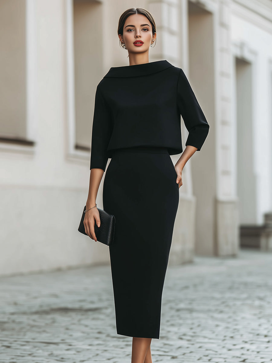 Women’s Boat Neck Top and Midi Skirt Set with Three-Quarter Sleeves